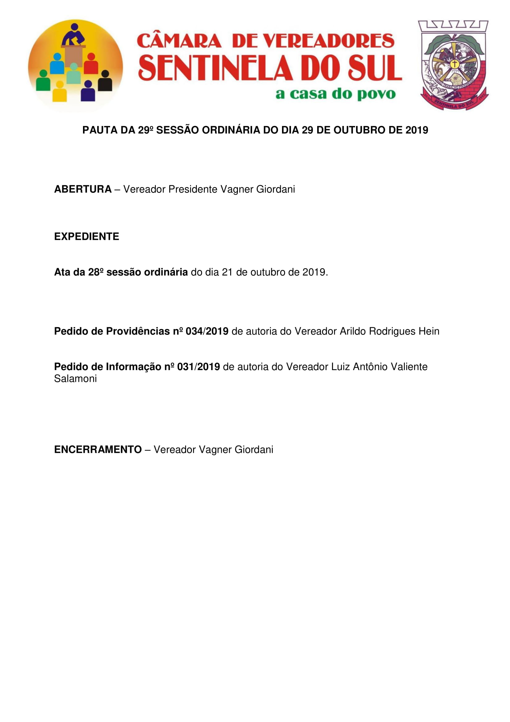 Pauta da 29º Sessão Ordinária do dia 29 de outubro de 2019