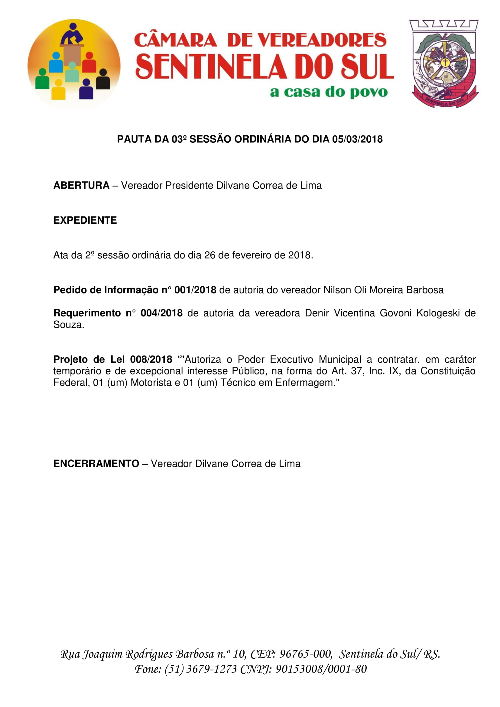 Pauta 3ª Sessão Ordinária do dia 05 de março de 2018