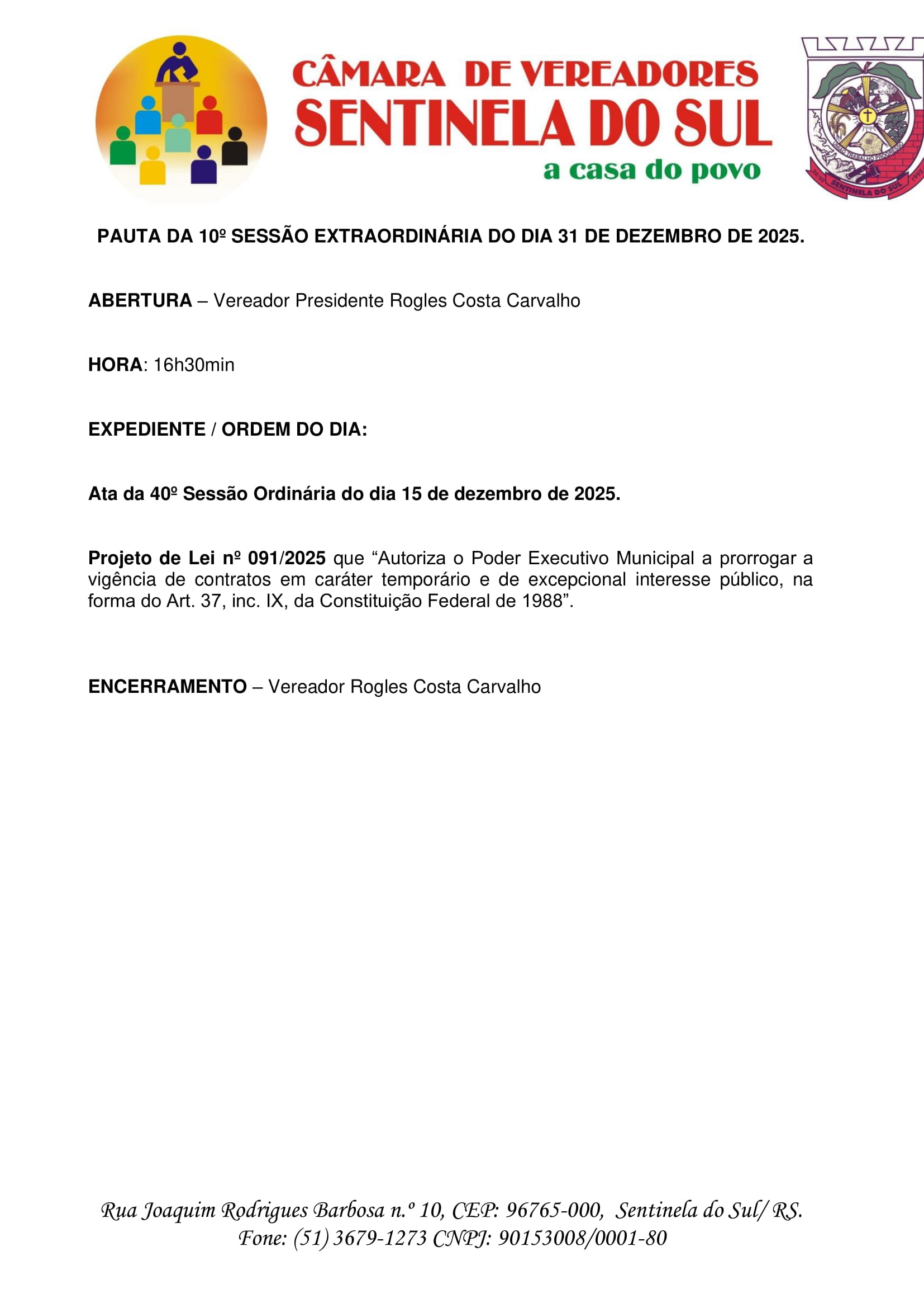 Pauta da 10º Sessão Extraordinária do dia 31 de dezembro de 2025