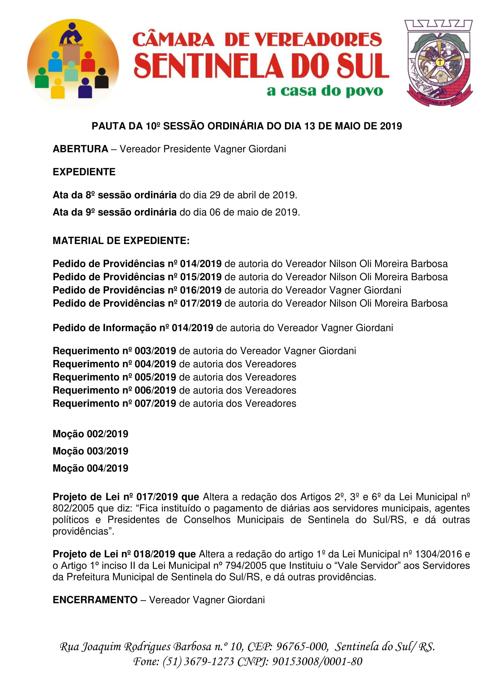 Pauta da 10º Sessão Ordinária do dia 13 de maio de 2019.