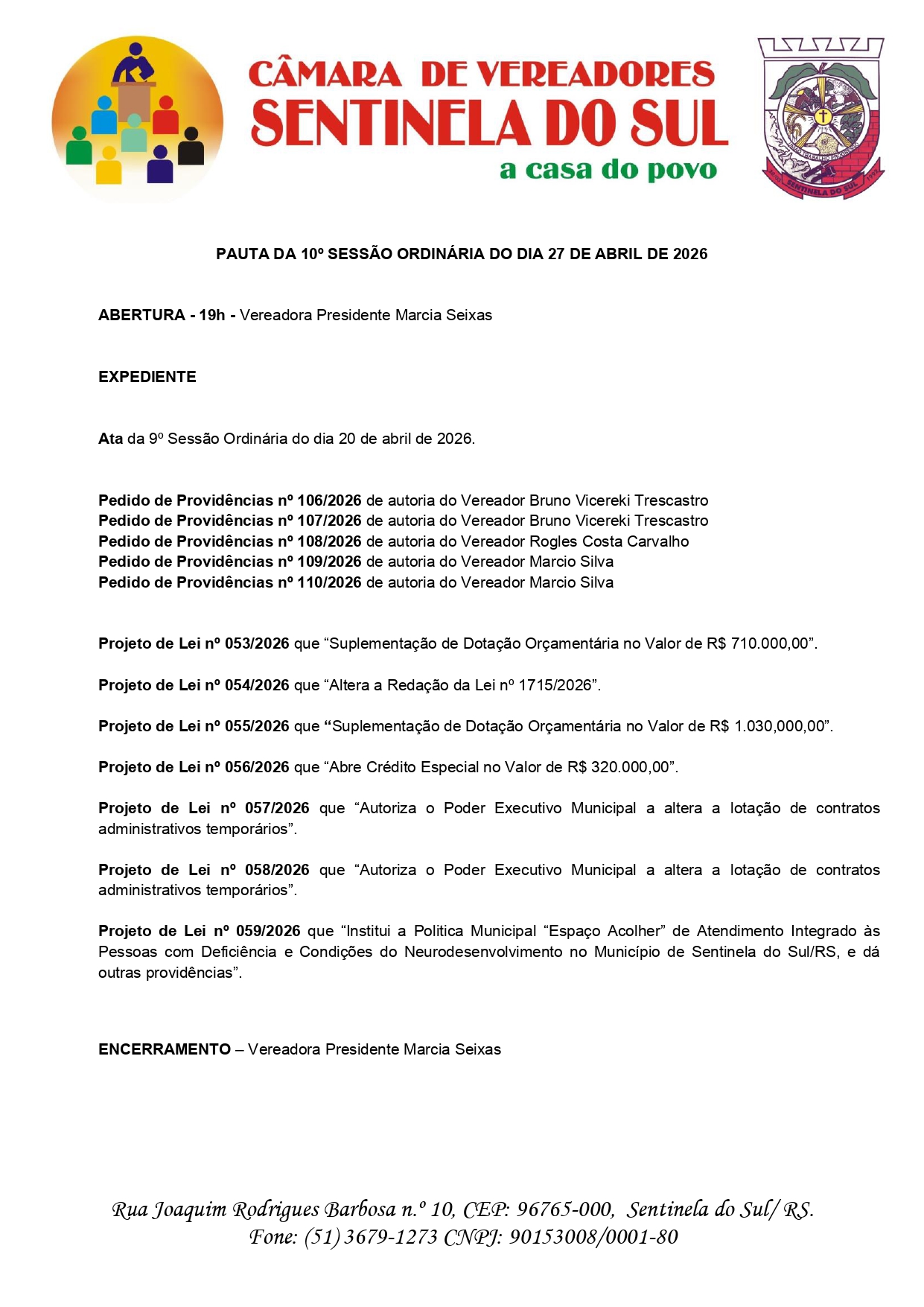 Pauta da 10º Sessão Ordinária do dia 27 de Abril de 2026