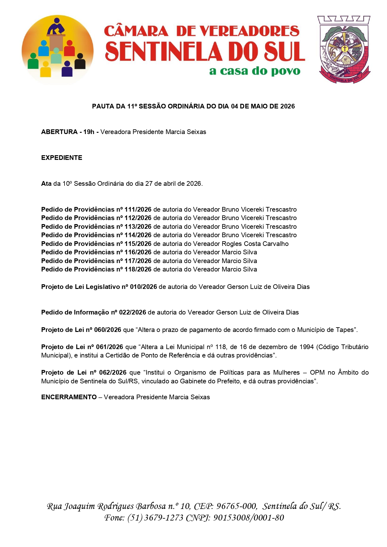 Pauta da 11º Sessão Ordinária do dia 04 de Maio de 2026