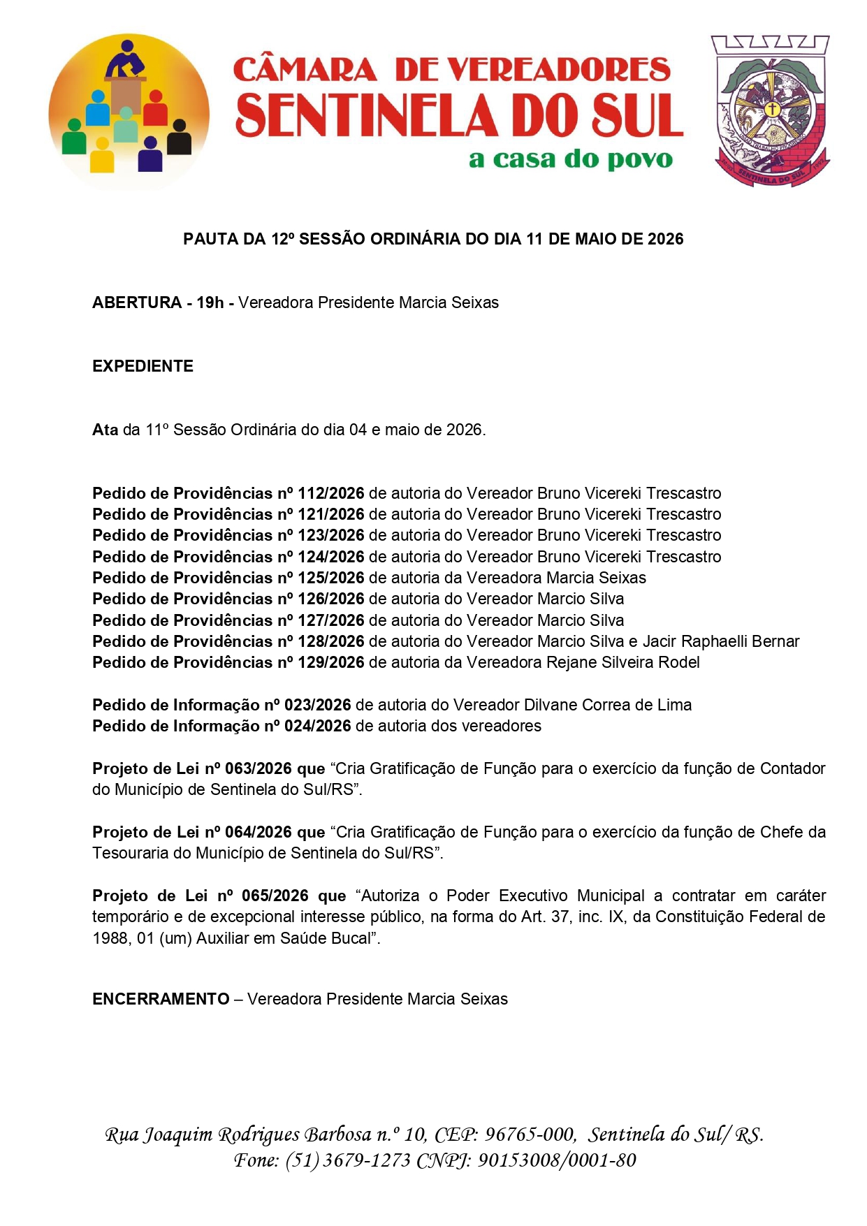 Pauta da 12º Sessão Ordinária do dia 11 de Maio de 2026