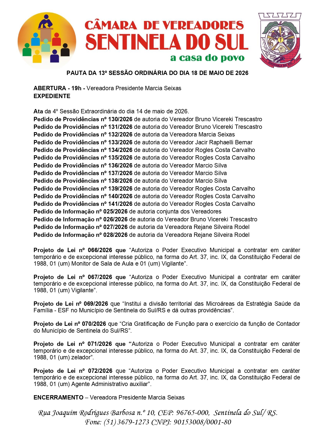 Pauta da 13º Sessão Ordinária do dia 18 de Maio de 2026