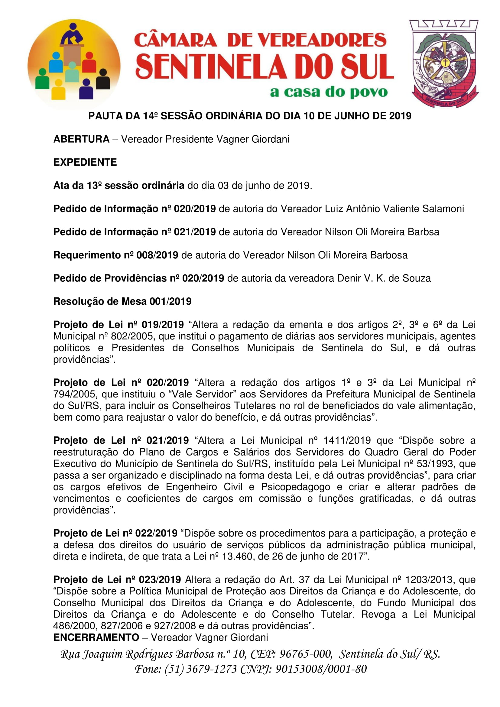 Pauta da 14º Sessão Ordinária do dia 10 de junho de 2019.