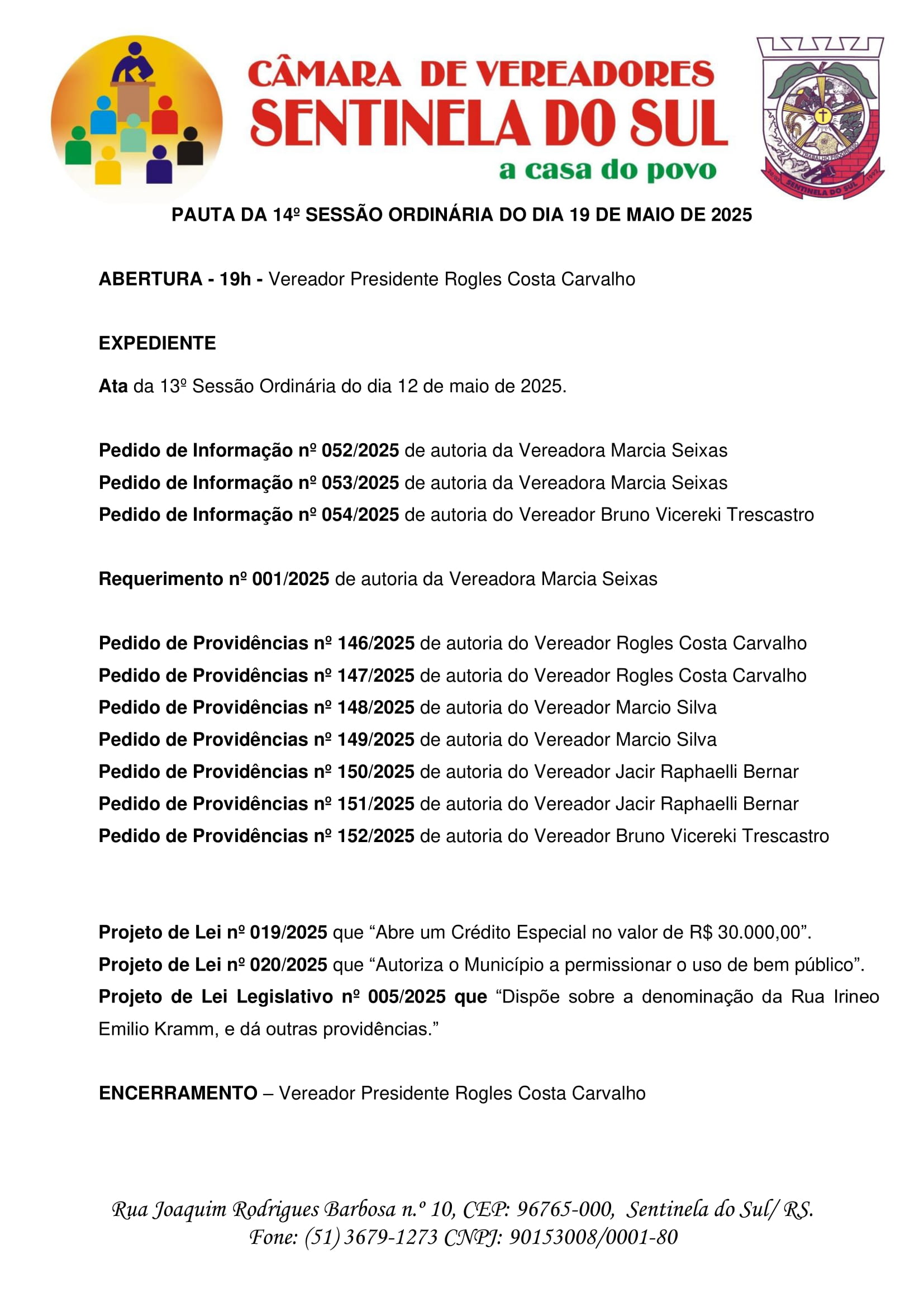 Pauta da 14º Sessão Ordinária do dia 19 de Maio de 2025.