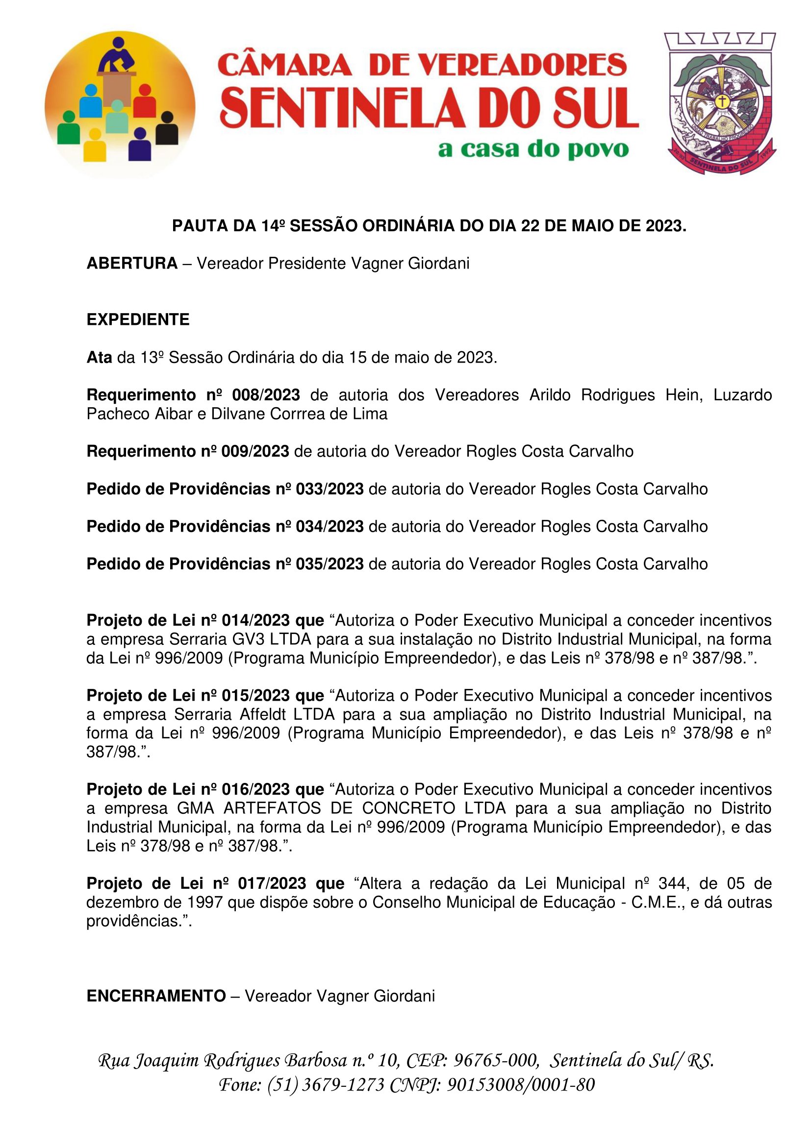 Pauta da 14º Sessão Ordinária do dia 22 de maio de 2023