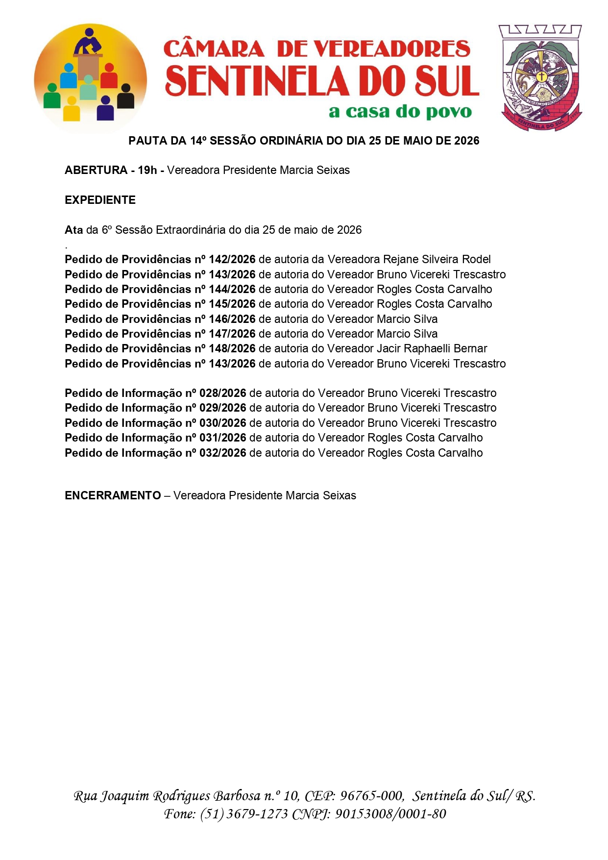 Pauta da 14º Sessão Ordinária do dia 25 de Maio de 2026