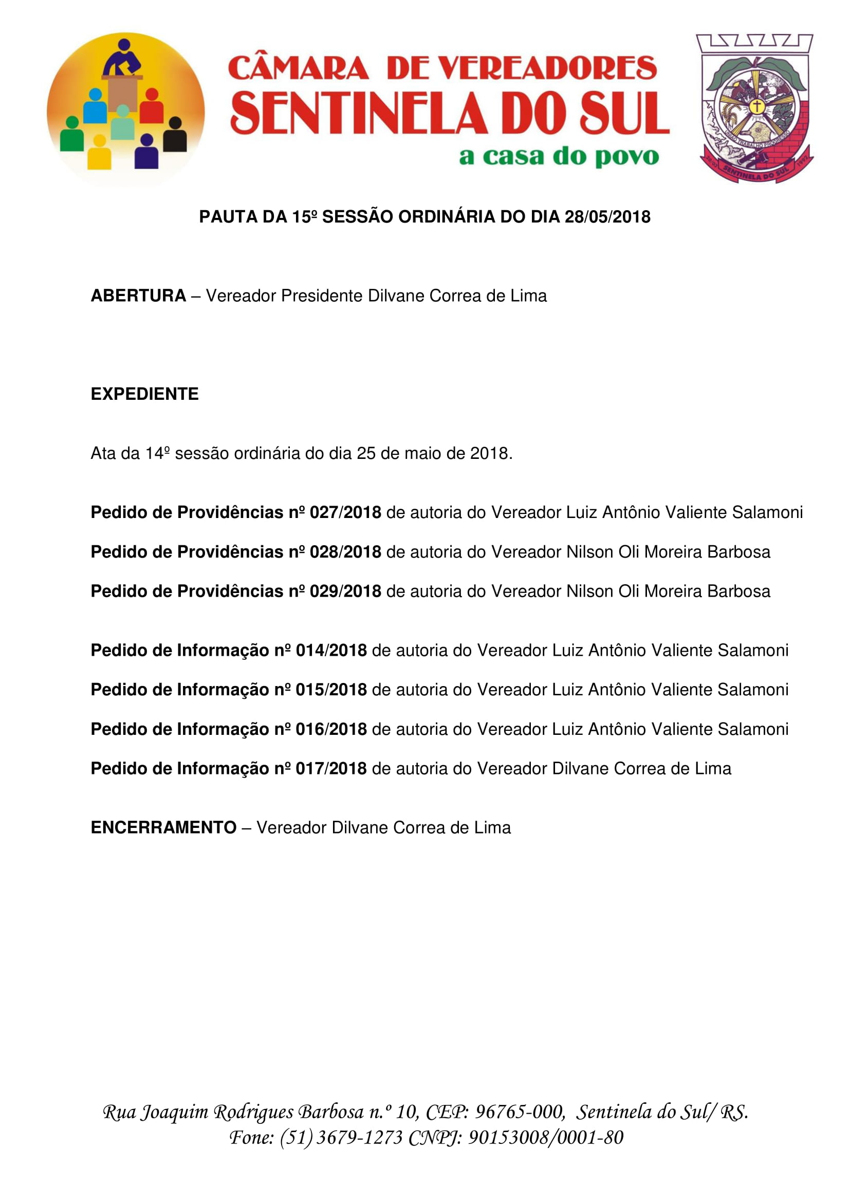 Pauta da 15° sessão ordinária do dia 28 de maio de 2018