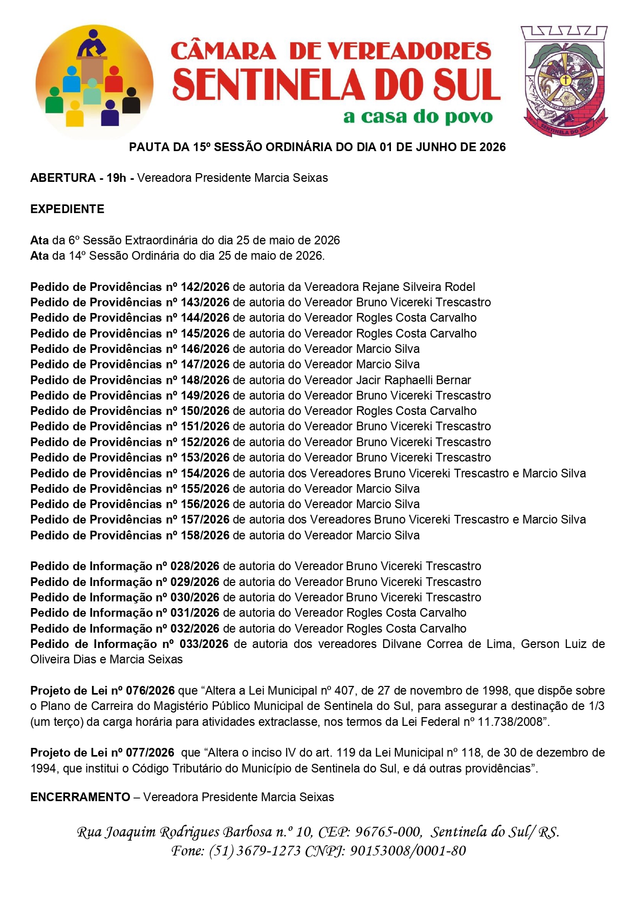 Pauta da 15º Sessão Ordinária do dia 01 de Junho de 2026