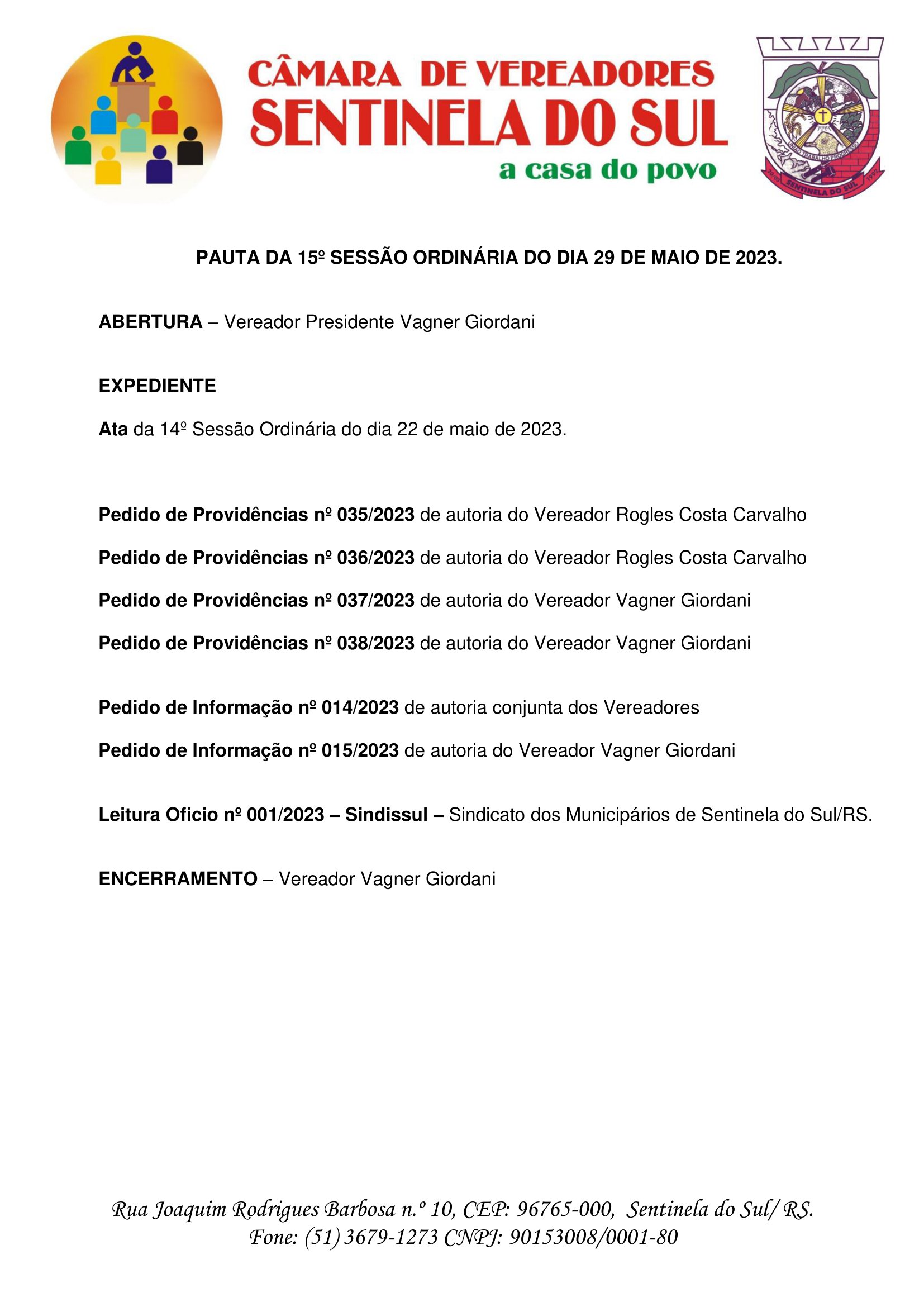 Pauta da 15º Sessão Ordinária do dia 29 de maio de 2023