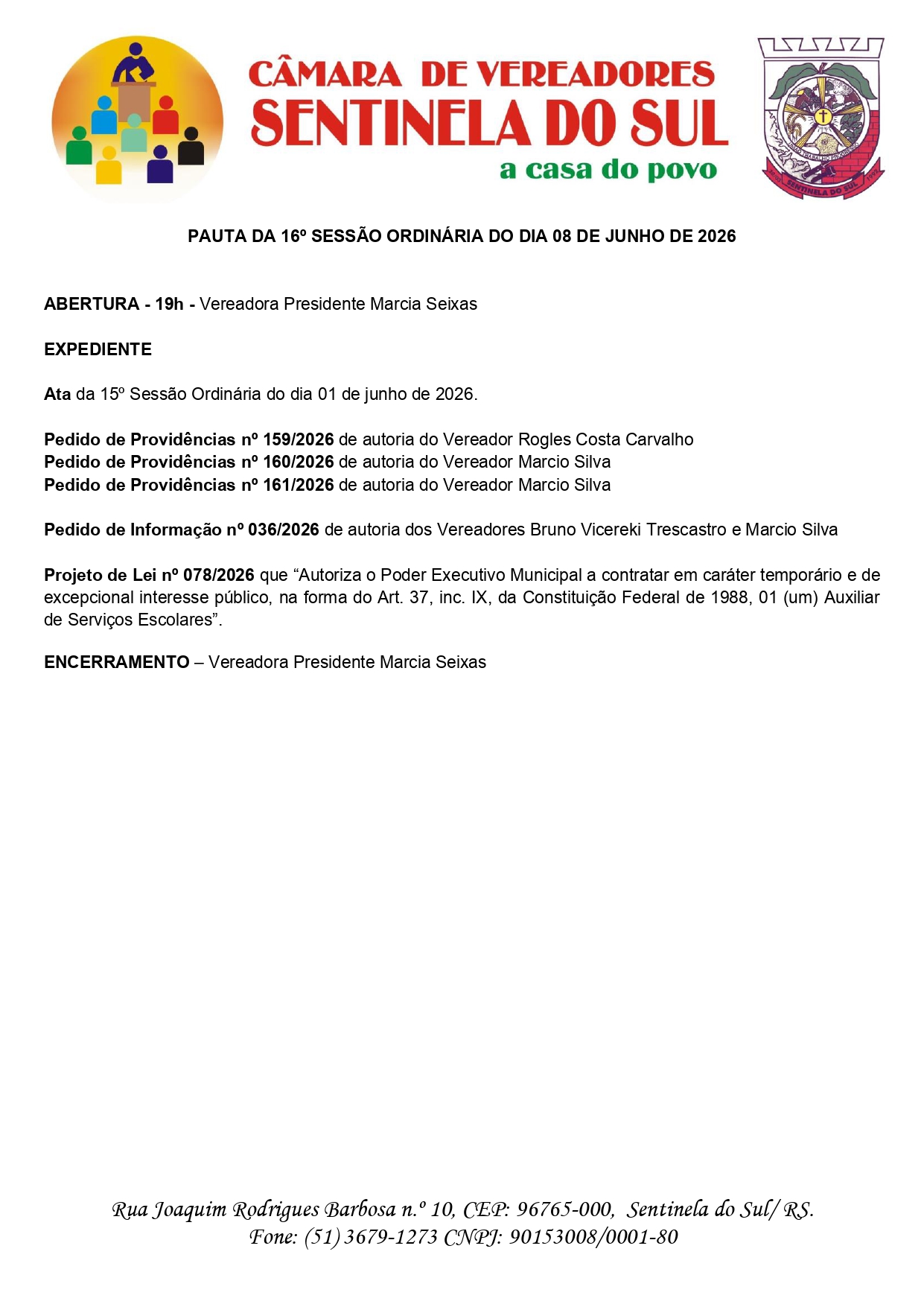 Pauta da 16º Sessão Ordinária do dia 08 de Junho de 2026