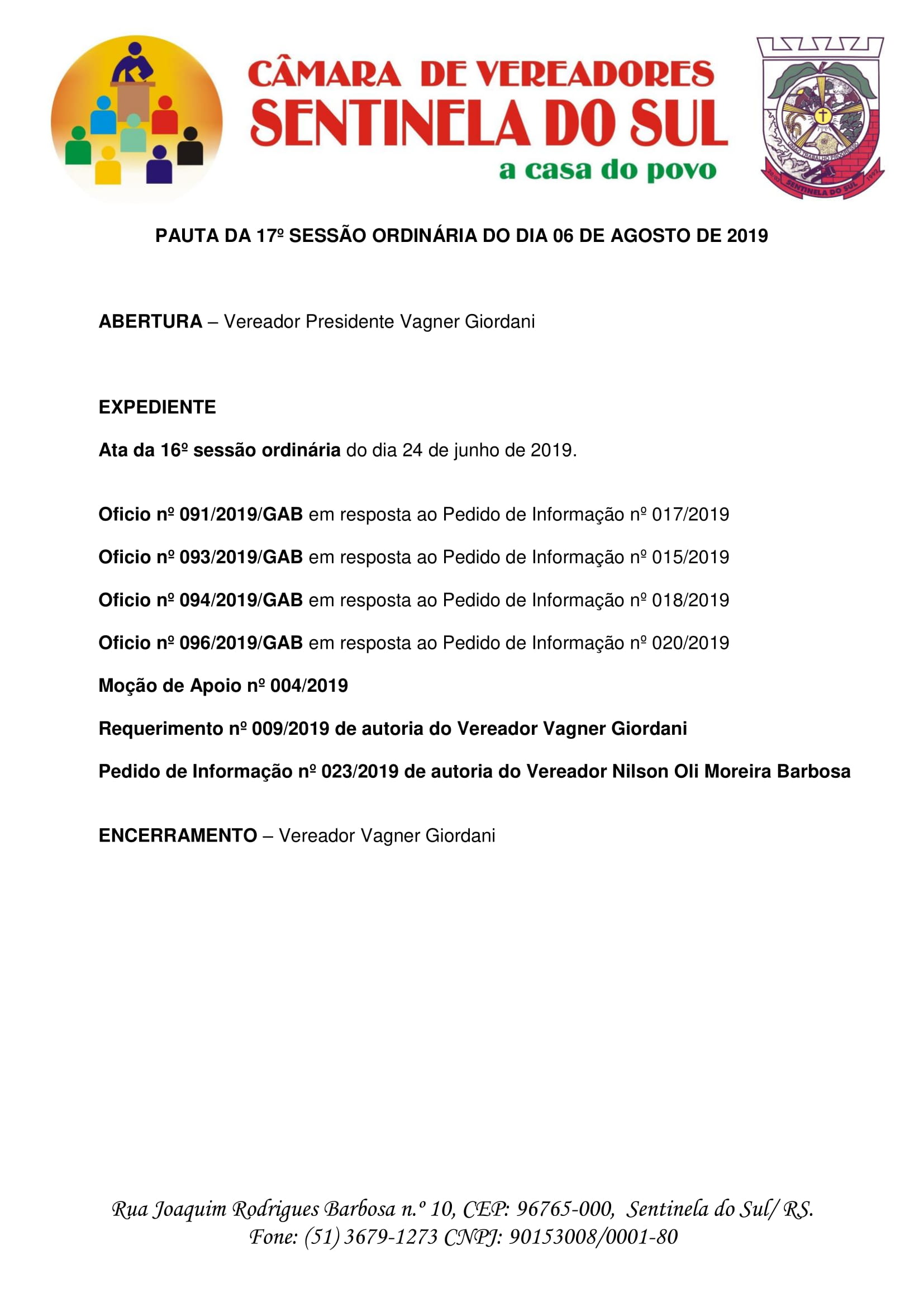 Pauta da 17º Sessão Ordinária do dia 06 de agosto de 2019