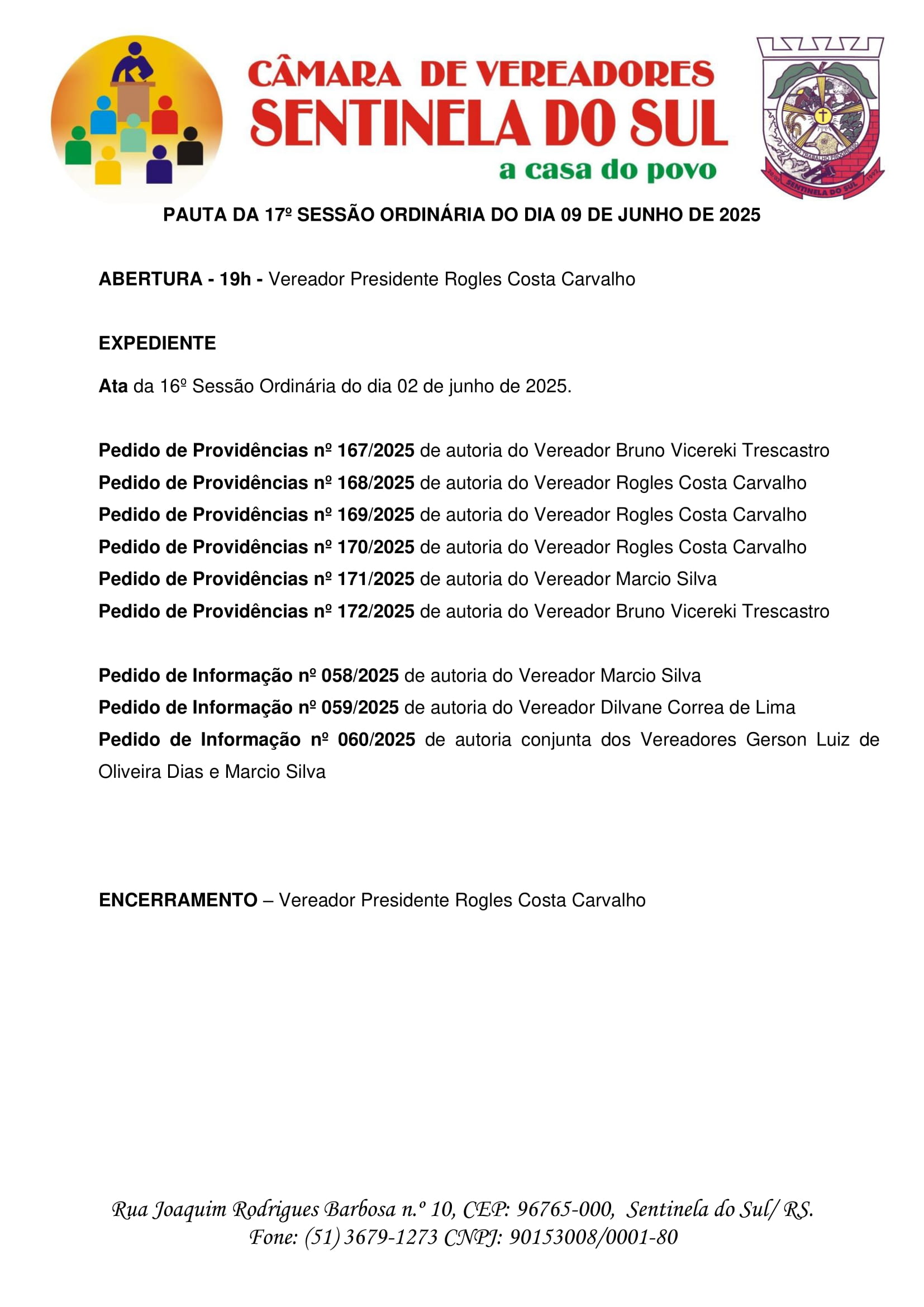 Pauta da 17º Sessão Ordinária do dia 09 de Junho de 2025.