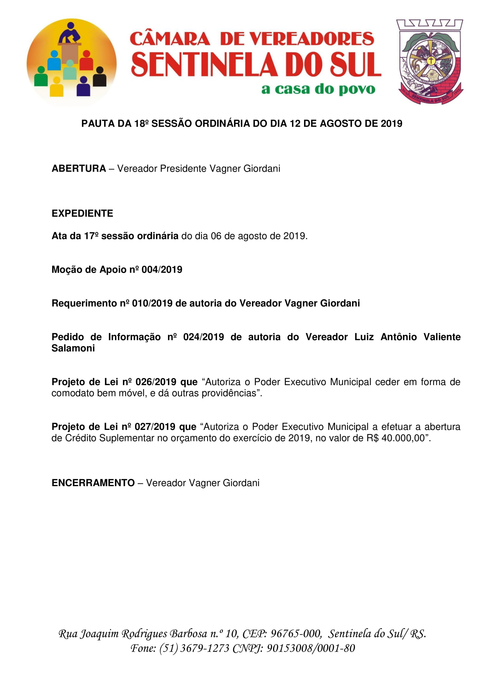 Pauta da 18º Sessão Ordinária do dia 12 de agosto de 2019
