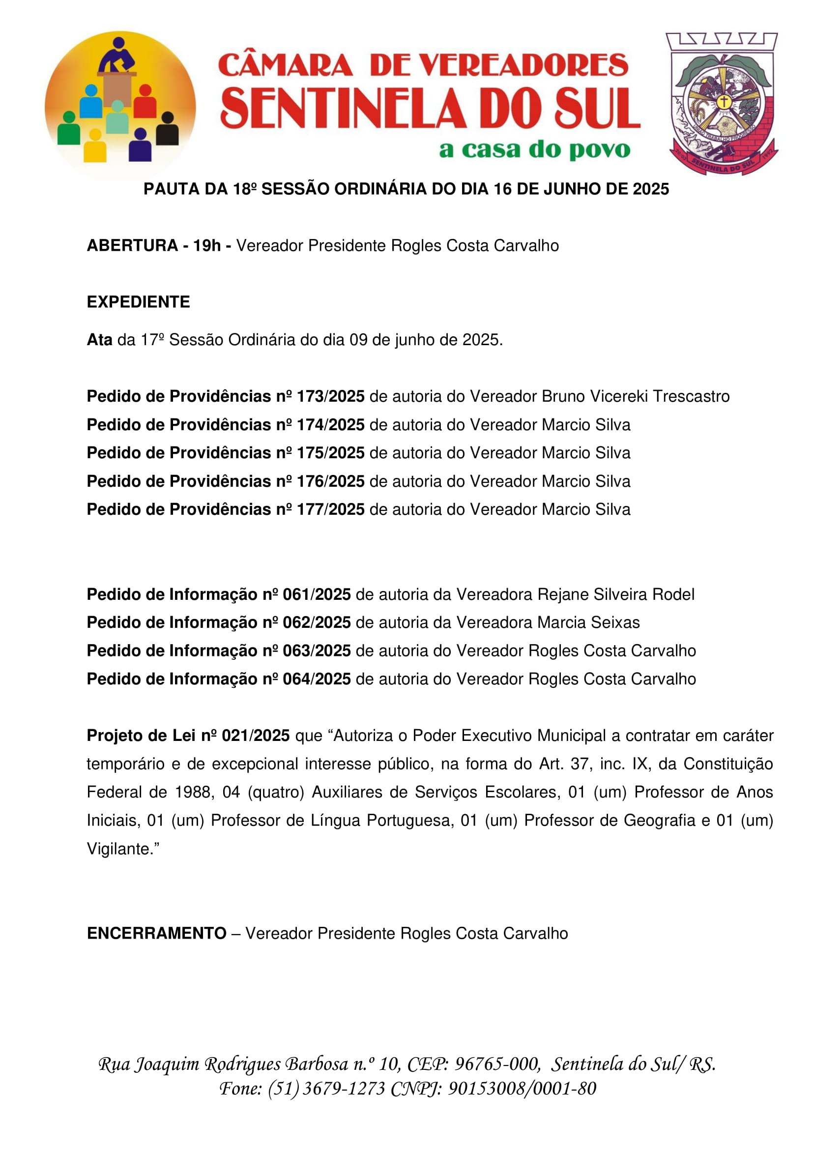 Pauta da 18º Sessão Ordinária do dia 16 de Junho de 2025.
