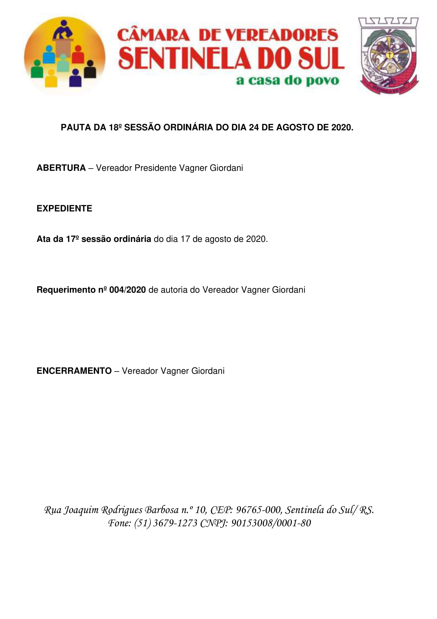 Pauta da 18º Sessão Ordinária do dia 24 de agosto de 2020