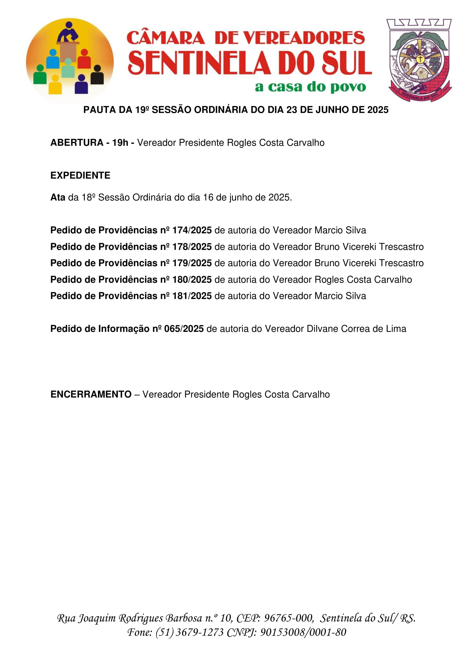 Pauta da 19º Sessão Ordinária do dia 23 de Junho de 2025.