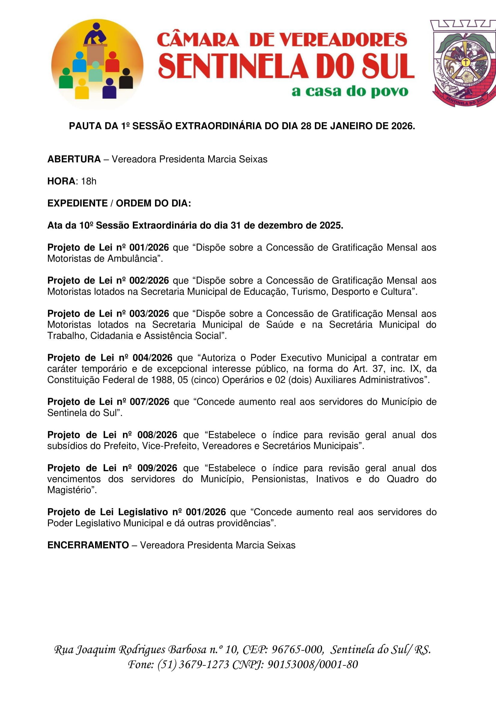 Pauta da 1º Sessão Extraordinária do dia 28 de janeiro de 2026