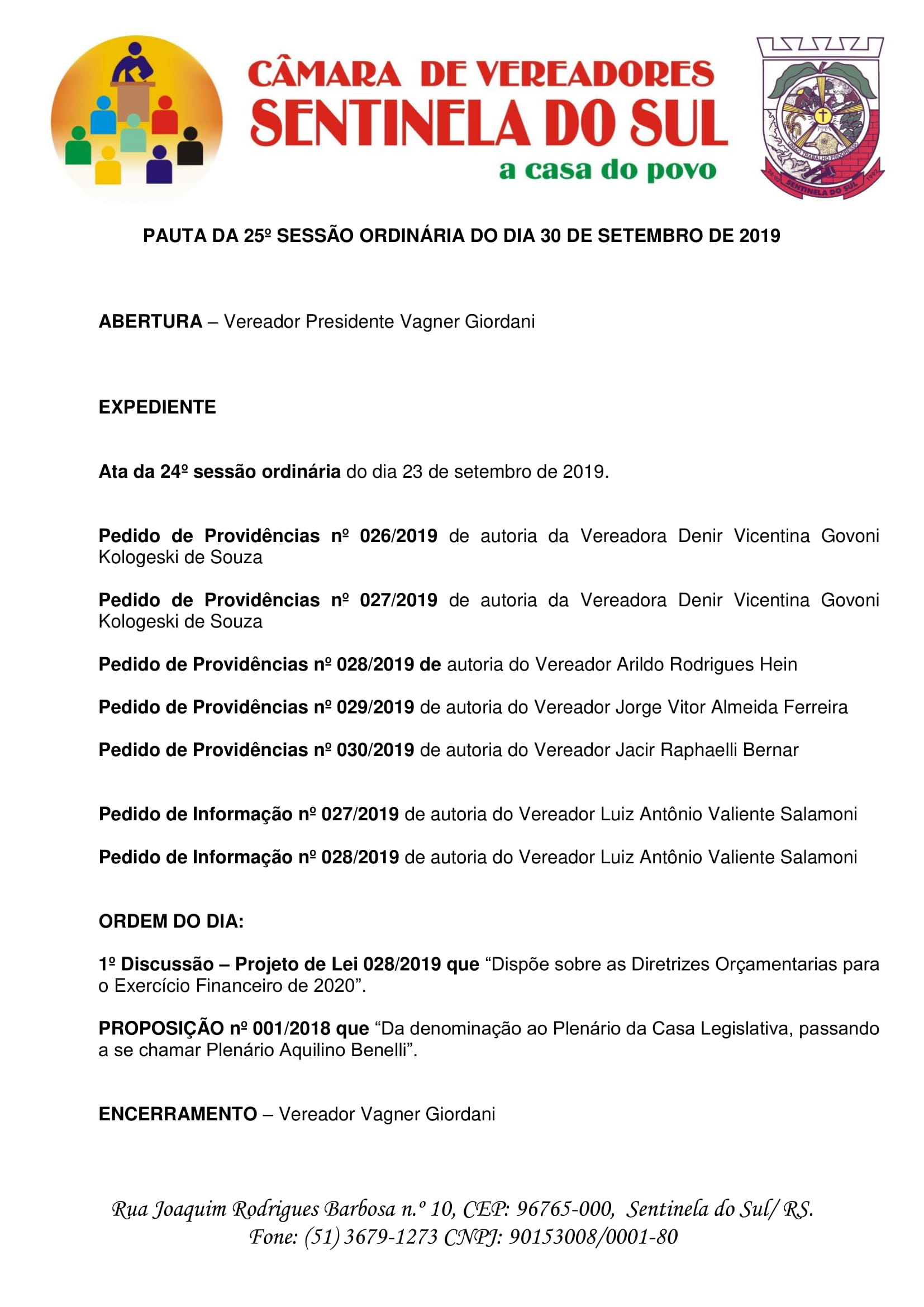 Pauta da 25º Sessão Ordinária do dia 30 de setembro de 2019