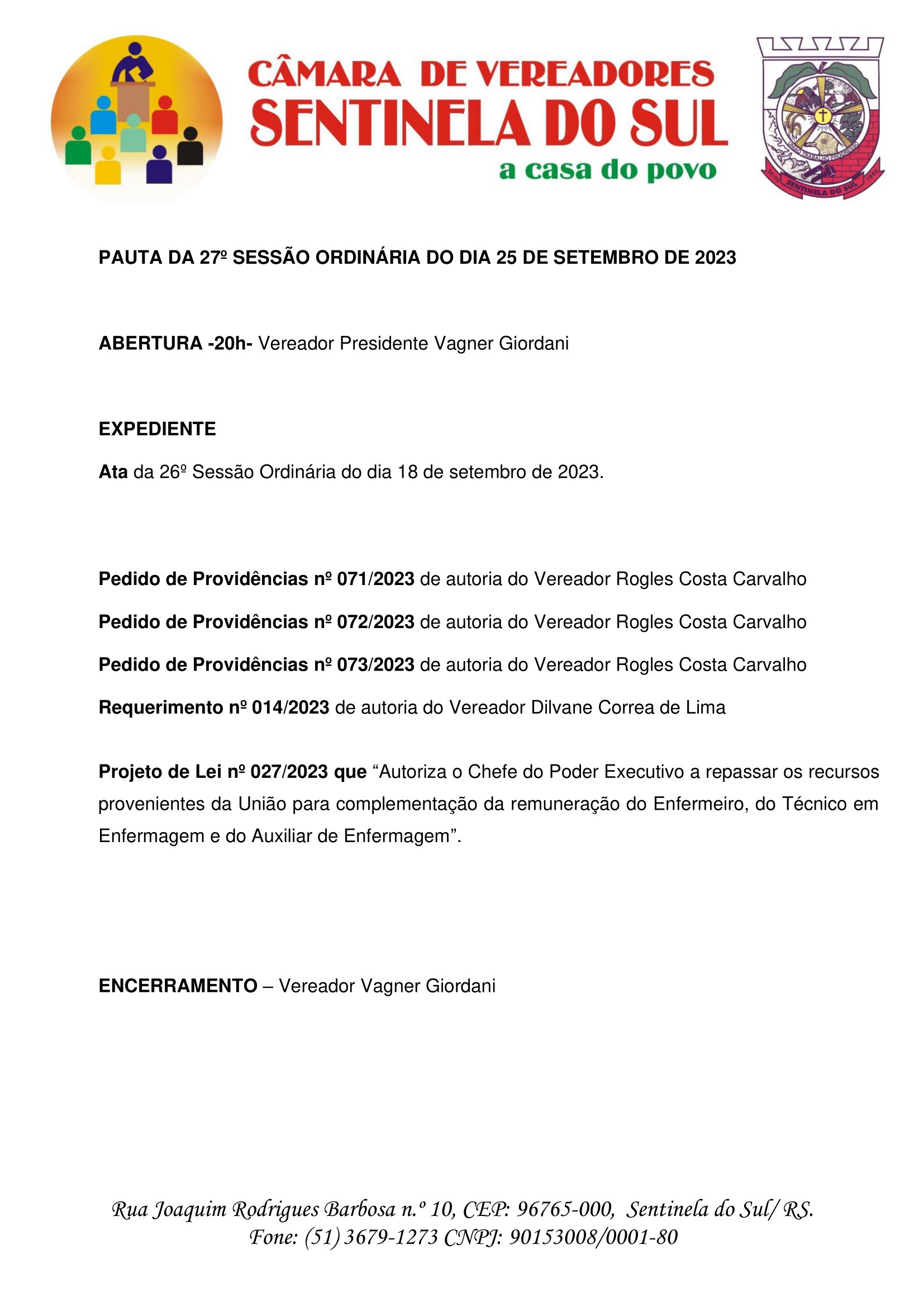 Pauta da 27º Sessão Ordinária do dia 25 de setembro de 2023