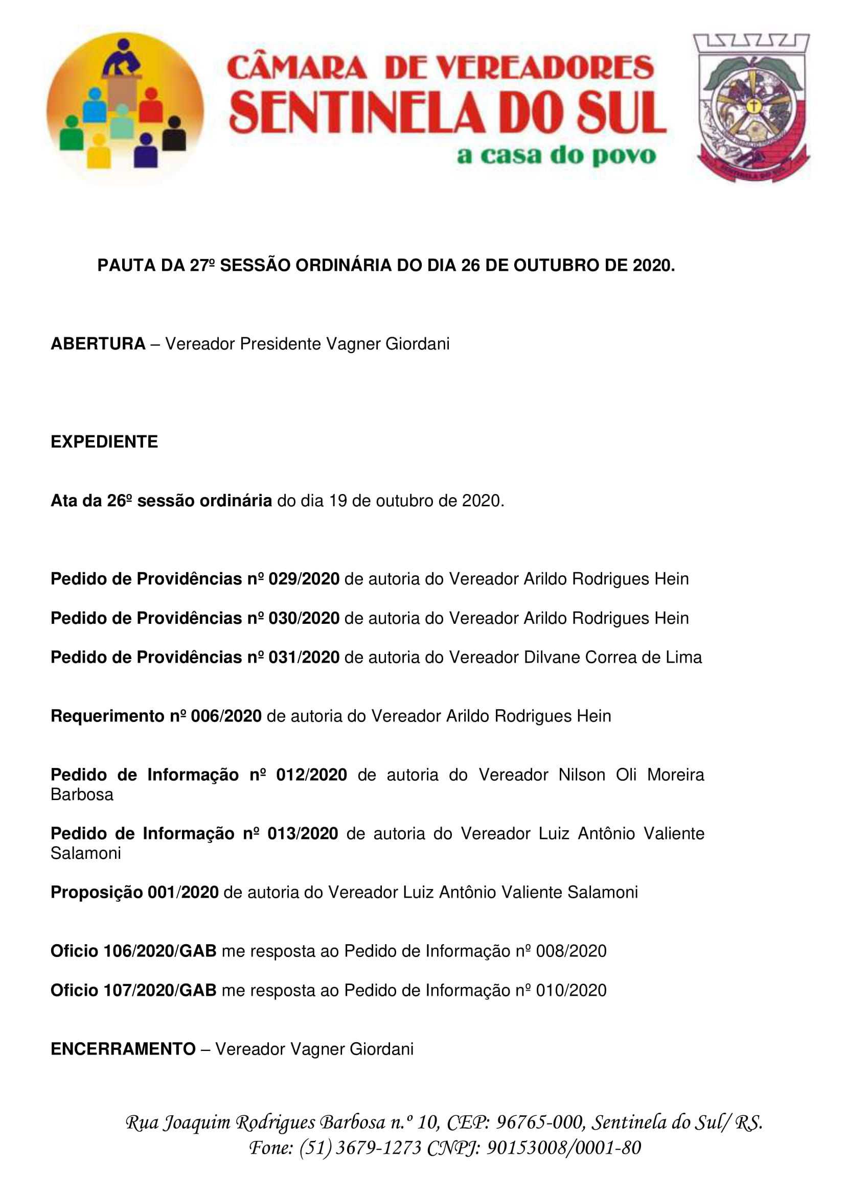 Pauta da 27º Sessão Ordinária do dia 26 de outubro de 2020.