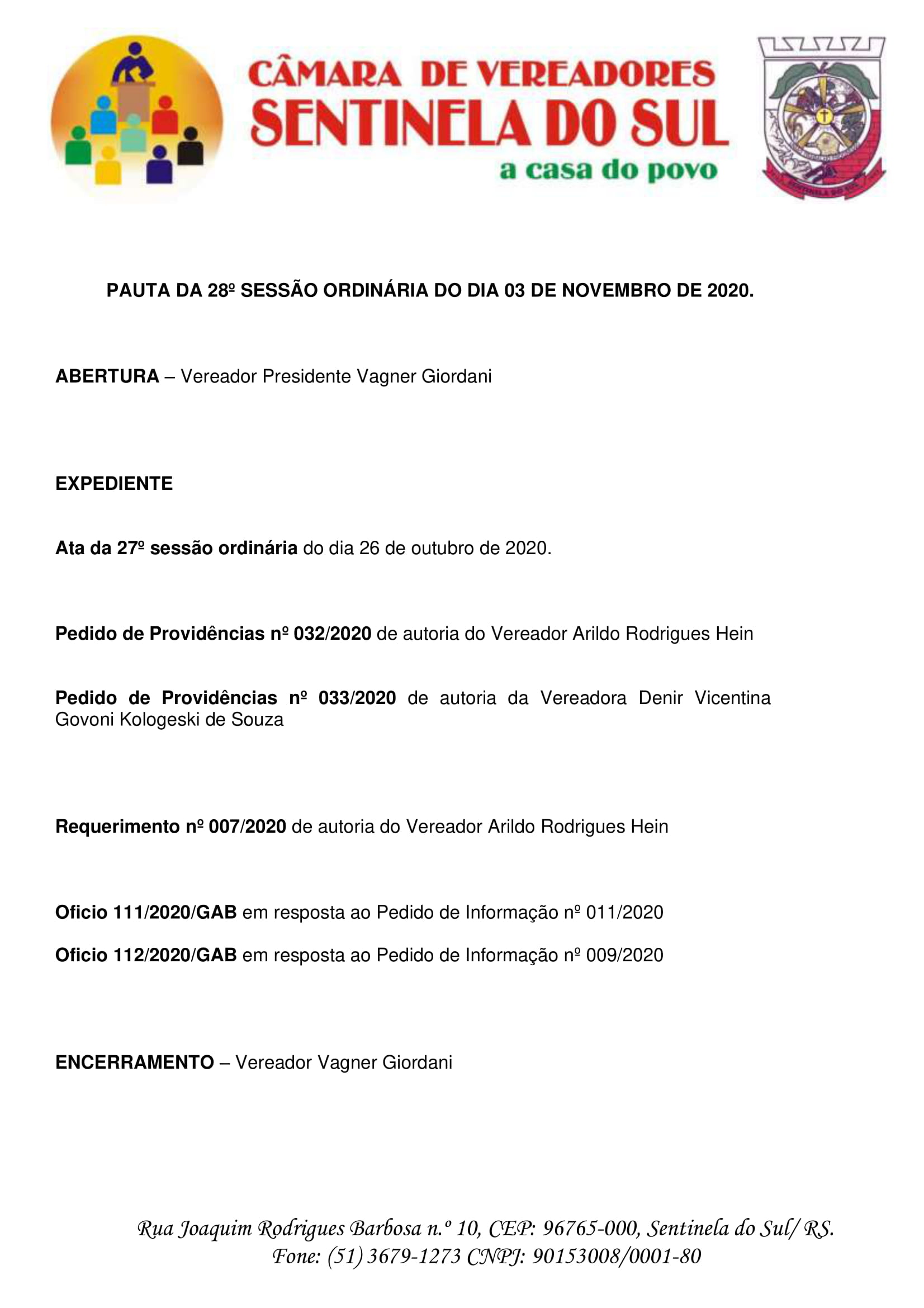 Pauta da 28º Sessão ordinária do dia 03 de novembro de 2020.