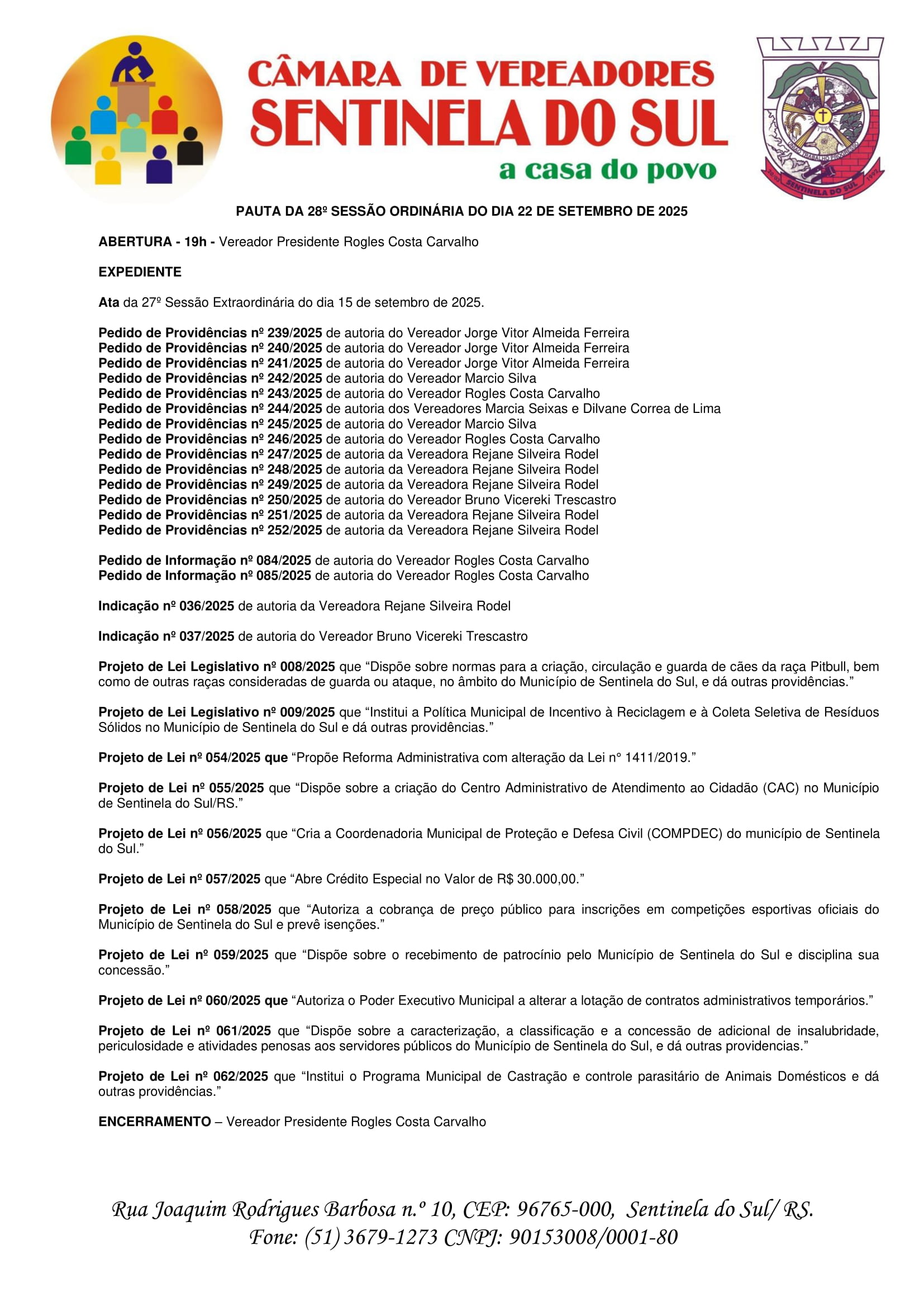 Pauta da 28º Sessão Ordinária do dia 22 de Setembro de 2025.