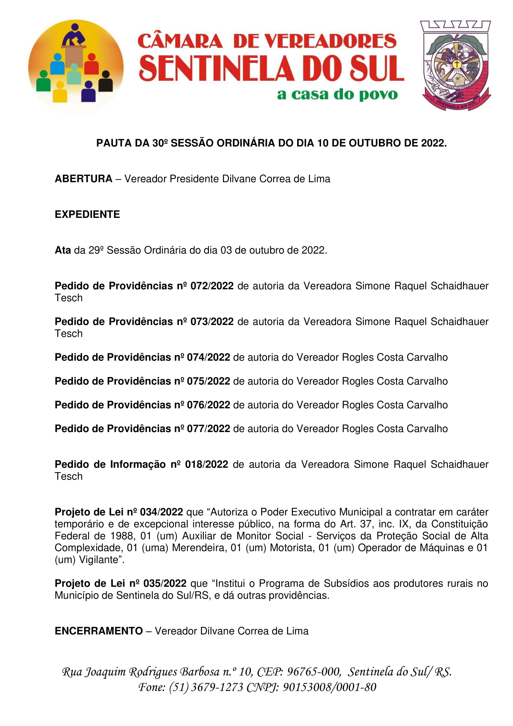 Pauta da 30º Sessão Ordinária do dia 10 de outubro de 2022