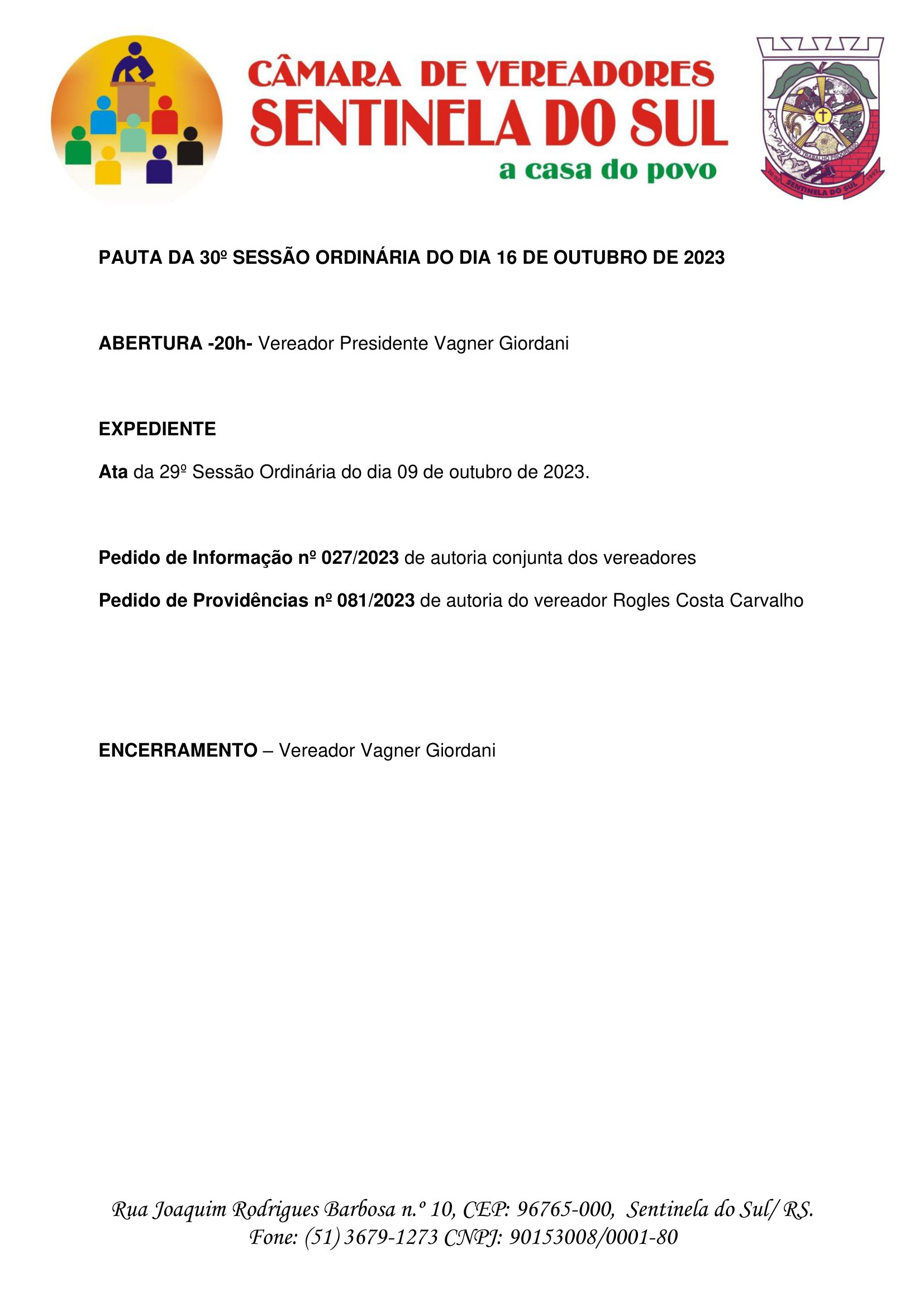Pauta da 30º Sessão Ordinária do dia 16 de outubro de 2023