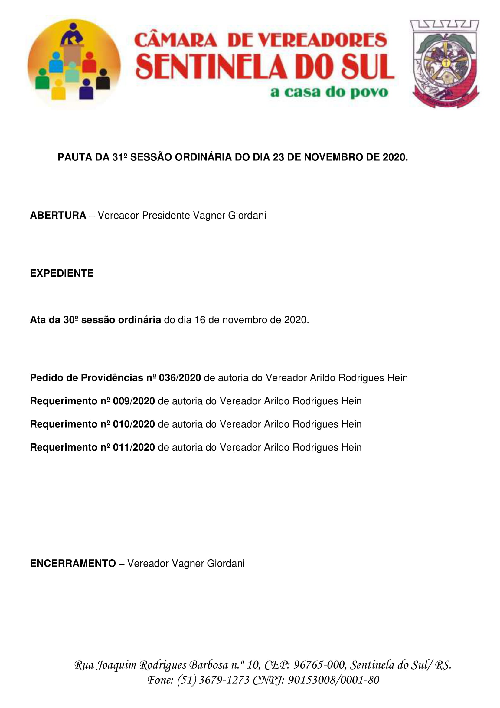 Pauta da 31º Sessão Ordinária do dia 23 de novembro de 2020.