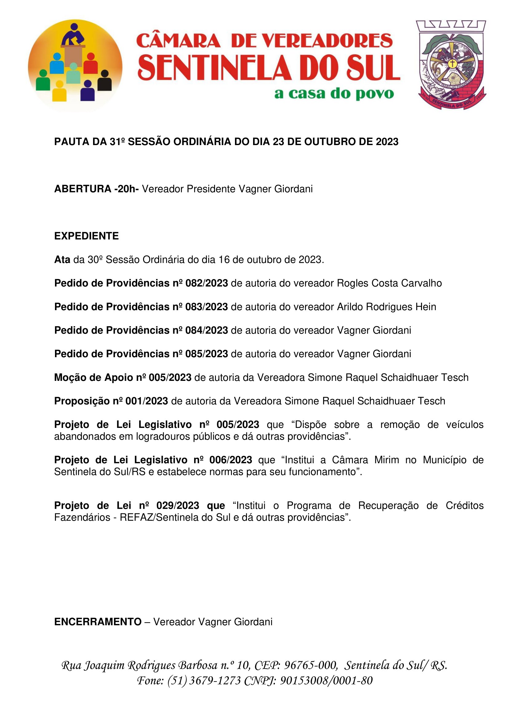Pauta da 31º Sessão Ordinária do dia 23 de outubro de 2023