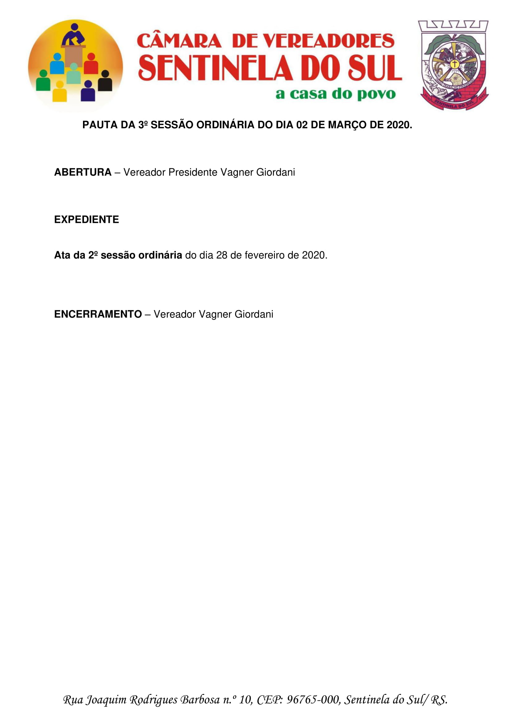 Pauta da 3º Sessão Ordinária do dia 02 de março de 2020.