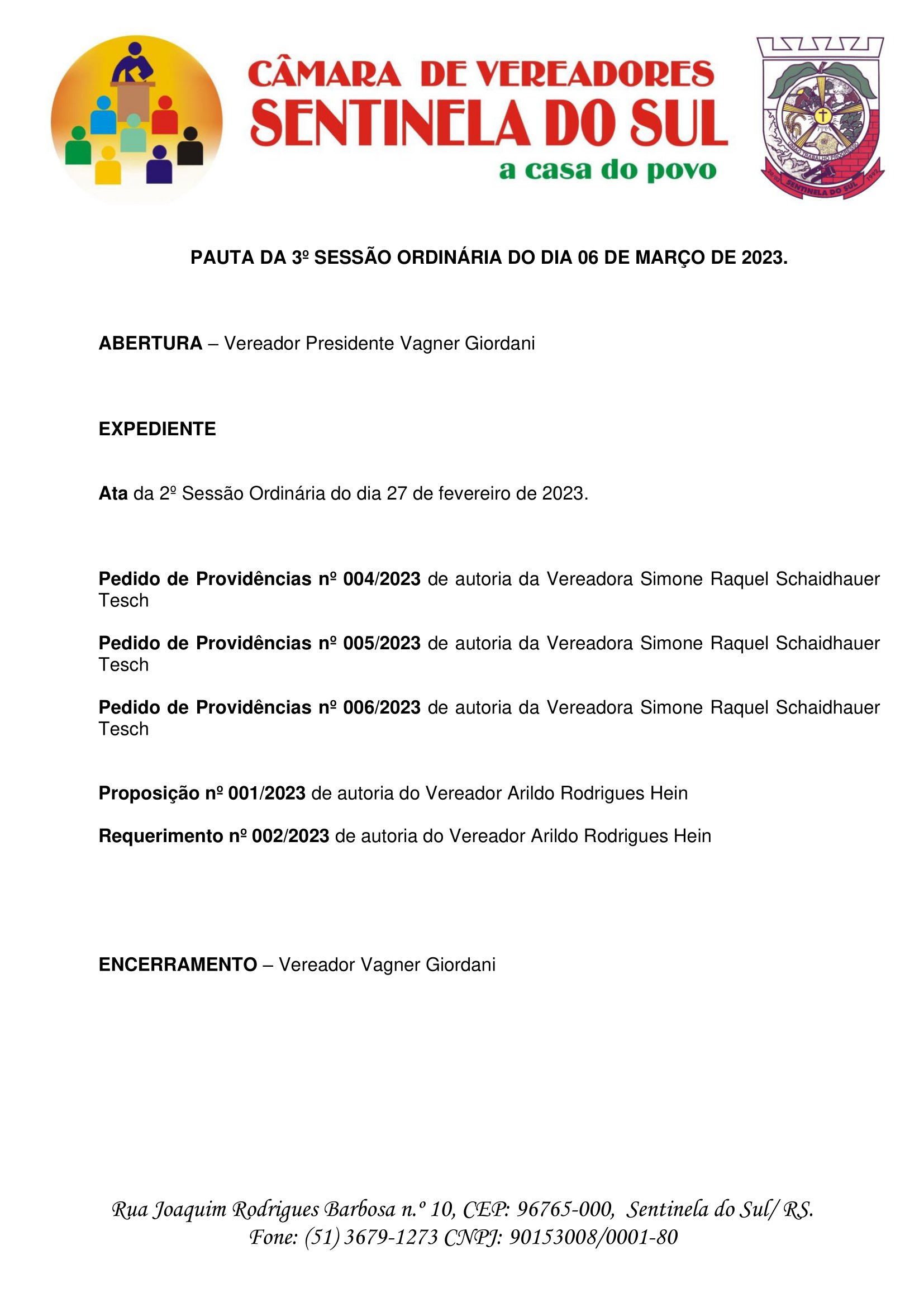 Pauta da 3º Sessão Ordinária do dia 06 de março de 2023
