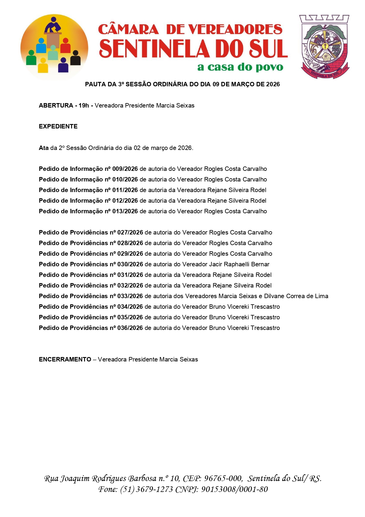 Pauta da 3º Sessão Ordinária do dia 09 de Março de 2026