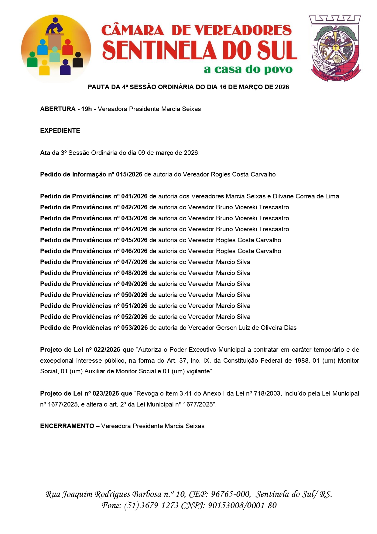Pauta da 4º Sessão Ordinária do dia 16 de Março de 2026