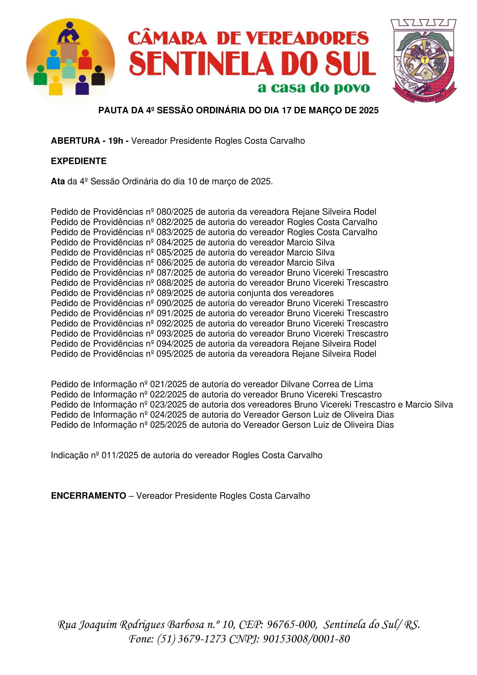 Pauta da 5º Sessão Ordinária do dia 17 de março de 2025.