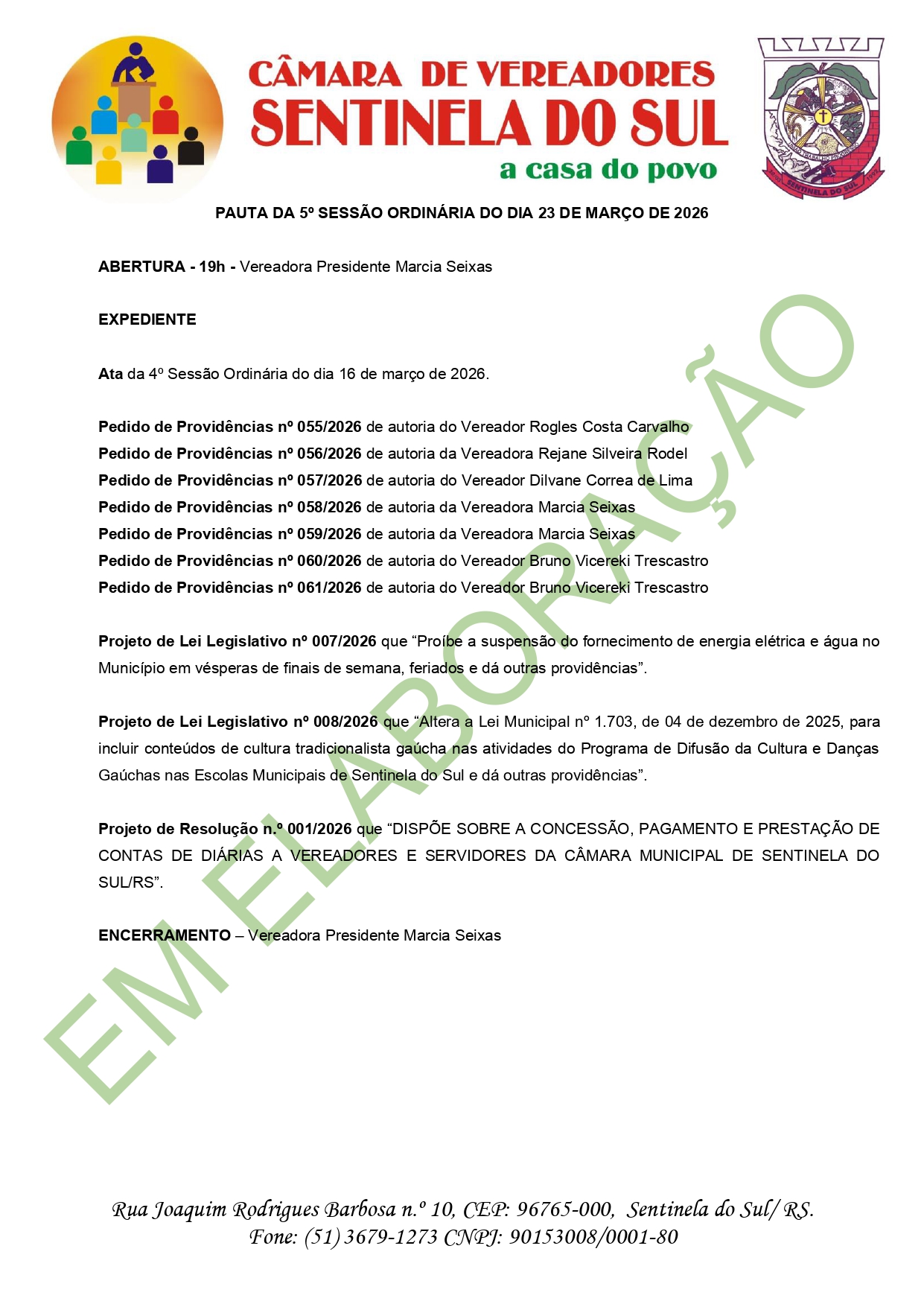 Pauta da 5º Sessão Ordinária do dia 23 de Março de 2026