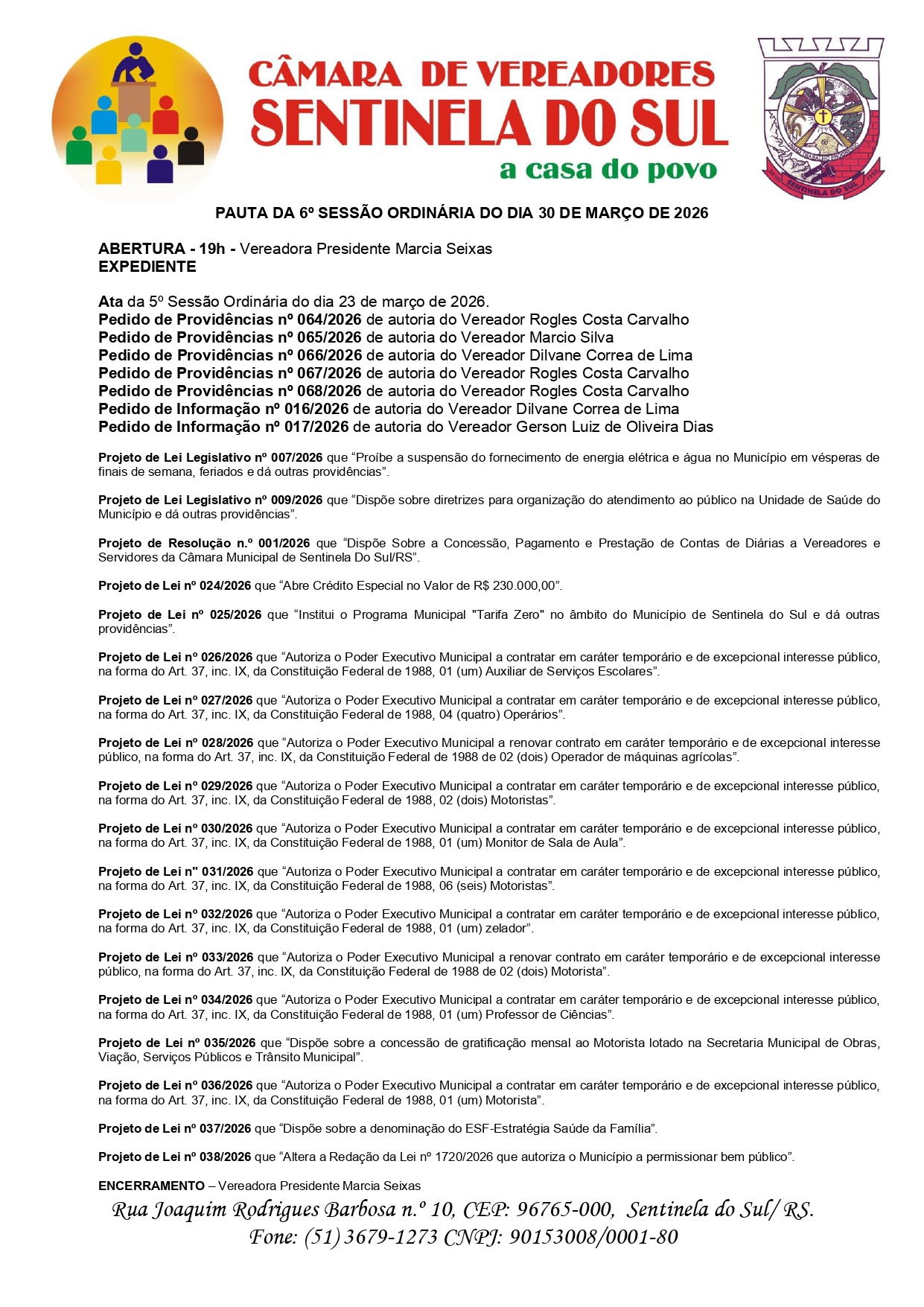 Pauta da 6º Sessão Ordinária do dia 30 de Março de 2026