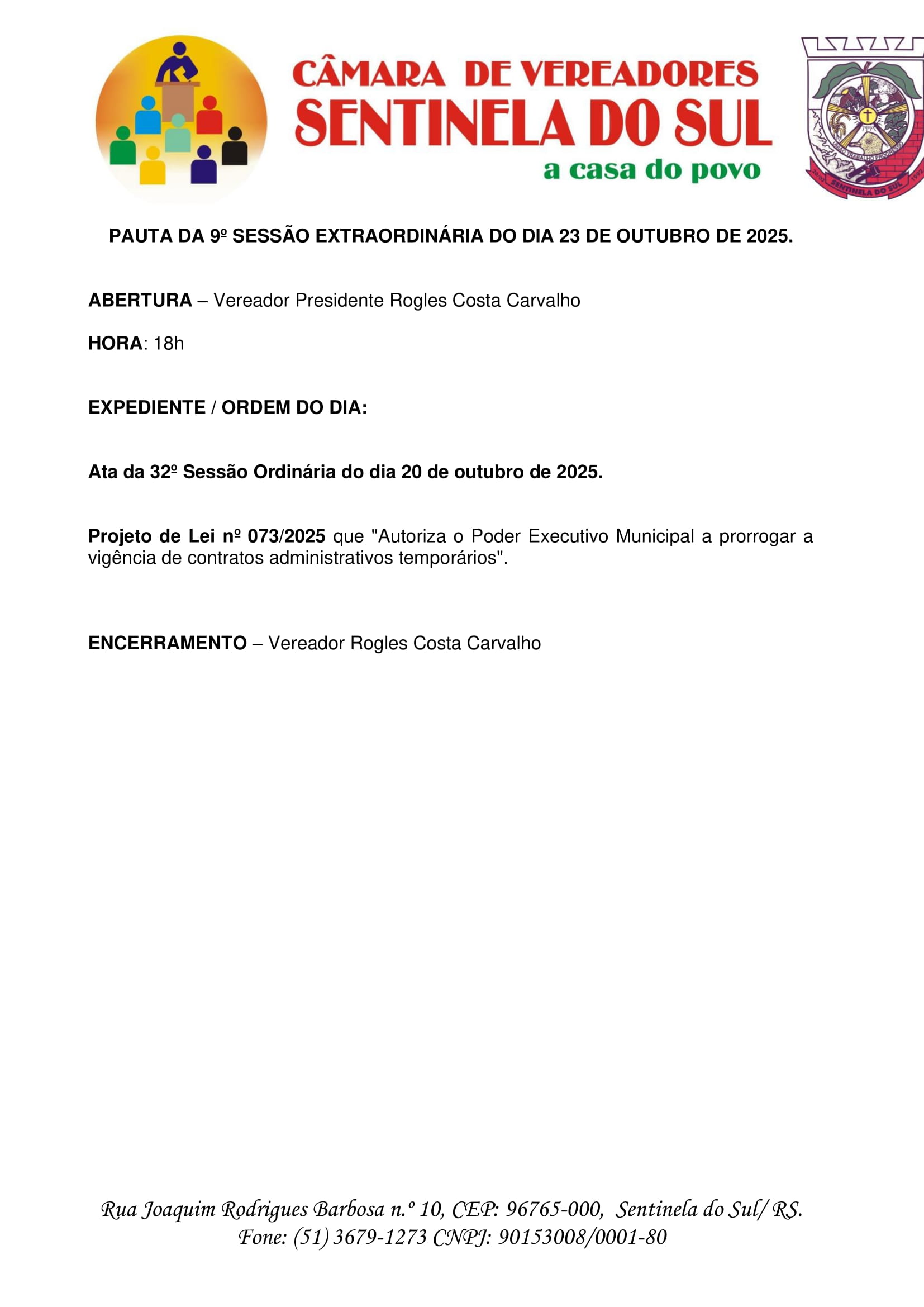 Pauta da 9º Sessão Extraordinária do dia 23 de outubro de 2025