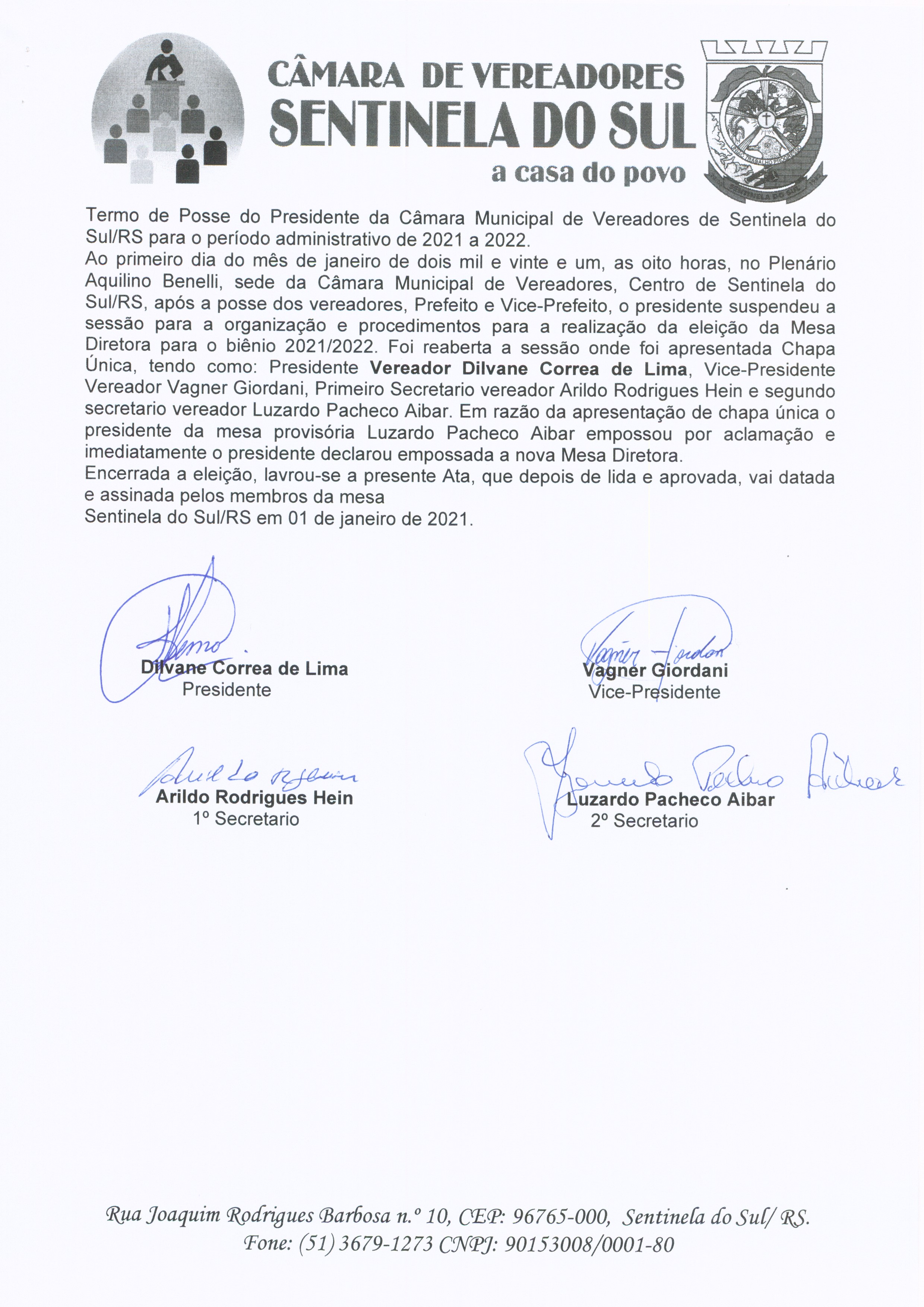 TERMO DE POSSE PRESIDENTE DA CÂMARA